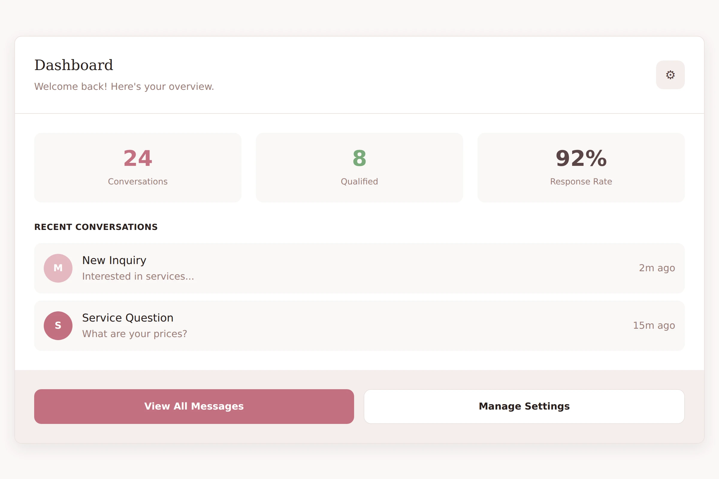 Full-featured dashboard for managing inquiries and settings